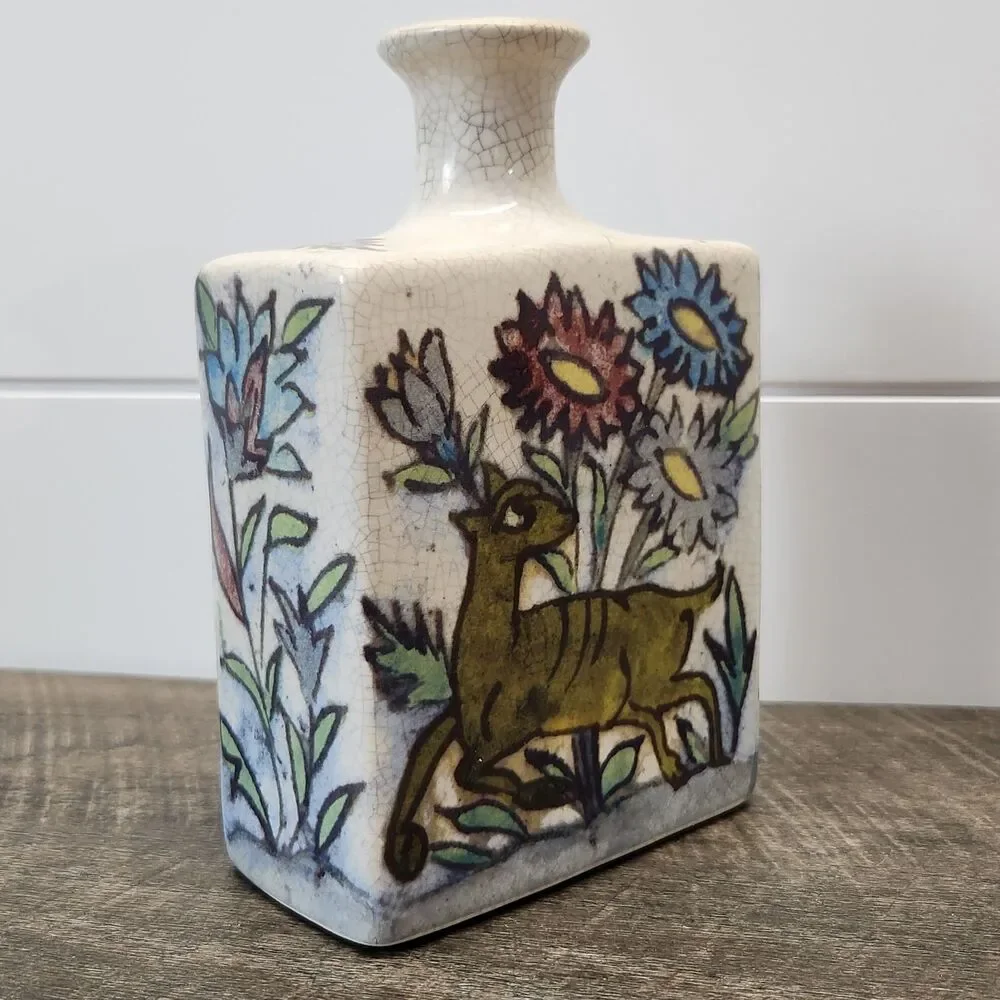 Pottery Barn Vase Deer Bird Floral Square Rectangle Pottery 7